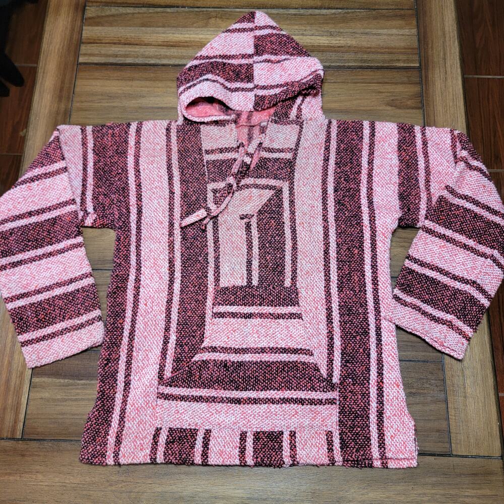Pink and Red Mexican Baja Pullover "Drug Rug" Hoodie - Size Medium